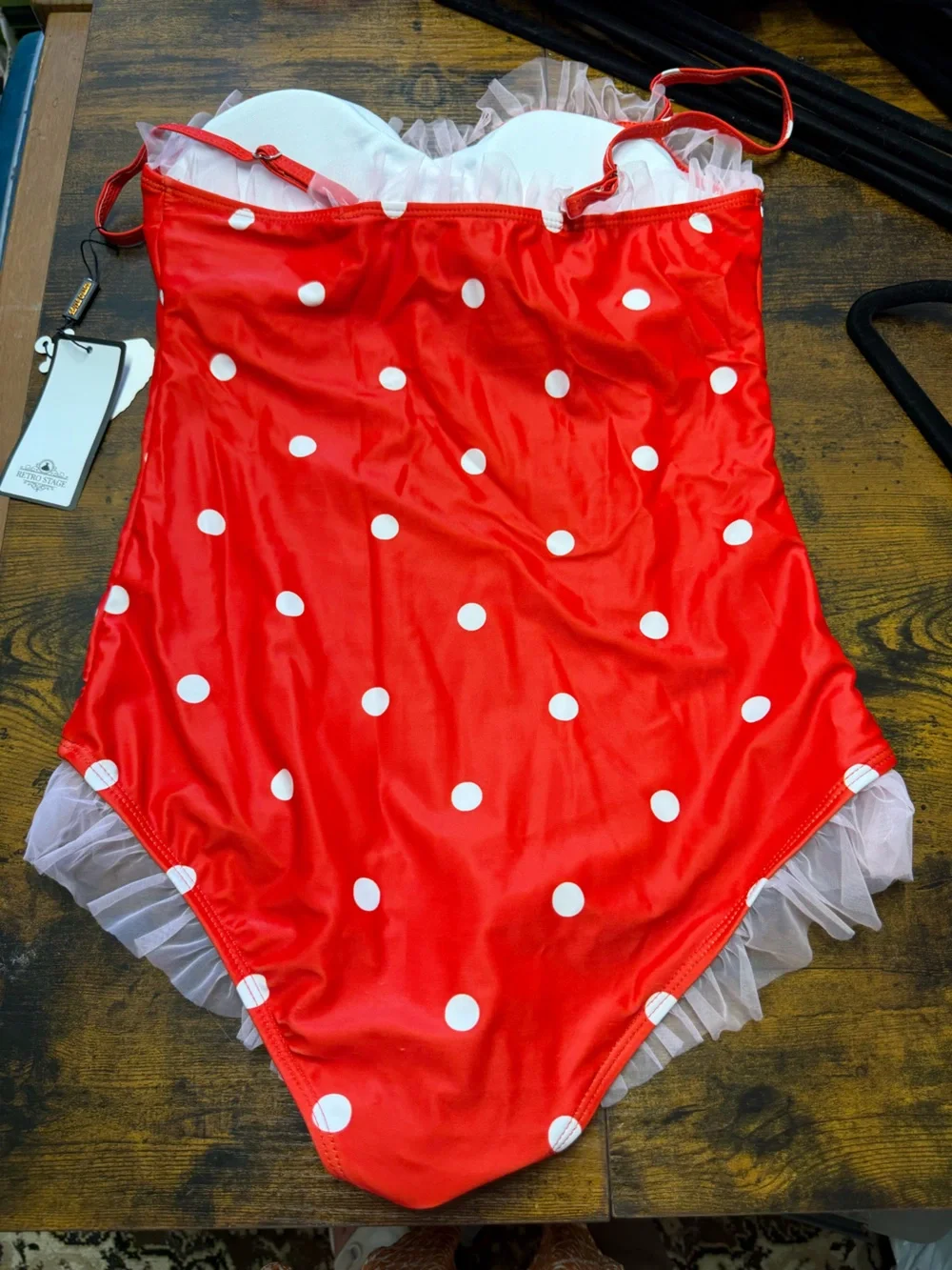 Women’s Red Polka Dot One piece Swimsuit with Tulle Trim
